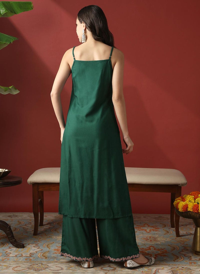 Globus Women Green Round Neck Strappy Shoulder Floral Embroidered Straight Kurta With Wide Leg Pants Festive Set - Image 4